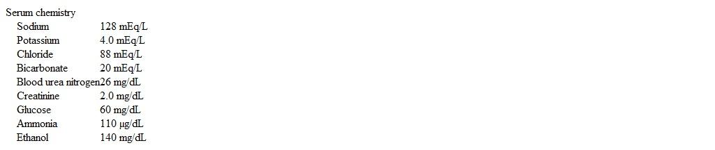 <strong>A 57-year-old man is brought to the emergency department after being found confused and agitated in a park.  Medical records indicate that he has a history of schizophrenia, alcohol use disorder, and liver cirrhosis.  The patient states that he has not been taking his medications because they never help.  Temperature is 37.2 C (99 F), blood pressure is 160/80 mm Hg, pulse is 118/min, and respirations are 24/min.  On examination, the patient is disheveled and disoriented, claiming that FBI agents have been chasing him.  His breath smells of alcohol.  Pupils are equal and reactive, and the neck is supple.  The abdomen is distended but nontender.  The skin and mucous membranes are dry.  There is mild edema in both lower extremities but no deformity.  Laboratory results are as follows:   During evaluation, the patient is initially cooperative but becomes increasingly aggressive and combative.  For safety reasons, he is given intravenous haloperidol and lorazepam.  Shortly afterward, the cardiac monitor displays the rhythm shown in the exhibit.   Which of the following most likely contributed to this patient's abnormal rhythm?</strong> A)Elevated blood alcohol level B)Elevated blood ammonia level C)Haloperidol adverse effect D)Lorazepam adverse effect E)Low glucose level F)Low sodium level <div style=padding-top: 35px> 