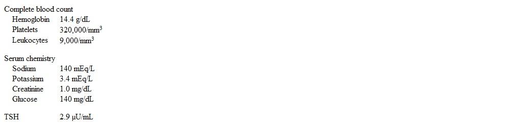 <strong>A 38-year-old man comes to the office due to disturbed sleep and depressed mood for the past several months.  The patient has difficulty falling and staying asleep and says, I lie awake at night thinking about all the weight I've gained and how I am too tired to even do anything about it.  He constantly feels exhausted at work, which involves sitting all day in a cubicle.  The patient has also felt depressed and irritable, which he attributes to his appearance.  He has no previous medical conditions and takes no medications.  Family history is significant for bipolar disorder in his brother.  Temperature is 36.8 C (98.2 F), blood pressure is 148/90 mm Hg, and pulse is 86/min.  BMI is 34 kg/m<sup>2</sup>.  On physical examination, the patient has a flat affect and a ruddy appearance with central obesity.  The thyroid is normal to palpation.  The lungs are clear to auscultation and heart sounds are normal.  The abdomen is soft and nontender.  There is no extremity edema.  Proximal limb muscles are mildly weak with no associated pain or tenderness.  The patient is tearful throughout the evaluation but has no suicidal ideation.  Laboratory results are as follows:   Which of the following is the most appropriate next step in management of this patient?</strong> A)Check anti-Jo-1 antibody titer B)Measure urinary free cortisol C)Obtain serum insulin-like growth factor-1 D)Prescribe low-dose paroxetine E)Recommend cognitive-behavioral therapy F)Refer for bariatric surgery evaluation <div style=padding-top: 35px> 