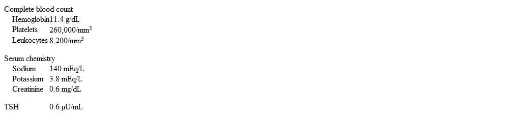 An 18-year-old woman comes to the office due to hair loss.  The patient says,  I can't even brush or wash my hair because it just falls out.  I've already been so stressed since college started, and losing my hair is making everything worse.   She has felt  overwhelmed  with adjusting to college and is also working part-time at a coffee shop.  The patient says,  I've felt pretty low-my life isn't going as planned, and I don't know how to get back on track.   She says the only thing that makes her feel good is cycling, which she does for 1-2 hours every day.  The patient also adheres to a strict diet to  maintain a good body image.   She has no other medical conditions and does not use tobacco, alcohol, or illicit drugs.  Temperature is 36.1 C (97 F) , blood pressure is 100/65 mm Hg, pulse is 60/min, and respirations are 14/min.  BMI is 17.5 kg/m<sup>2</sup>.  Physical examination shows generalized thinning of the hair with no scarring of the scalp.  The skin is dry with no rashes.  The remainder of the examination is unremarkable, and the patient has no suicidal ideation.  Laboratory results are as follows:   Which of the following is the most appropriate management for this patient's condition? A) Biofeedback and relaxation techniques B) Intradermal corticosteroid injections C) Nutritional rehabilitation D) Selective serotonin reuptake inhibitor E) Thyroid hormone replacement F) Topical minoxidil therapy