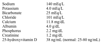 A 40-year-old man comes to the office for follow-up of hypertension.  He was diagnosed with mild hypertension 6 months ago and has had good control with regular exercise and weight loss.  The patient feels well and takes no medications.  He does not smoke and drinks a few glasses of wine per week.  The patient's medical history is otherwise unremarkable.  His mother has osteoporosis that is treated with oral alendronate.  On examination, inspection and palpation of the neck show no masses.  Laboratory results are as follows:   Serum parathyroid hormone level is 814 pg/mL.  Further testing shows a high 24-hour urine calcium excretion of 325 mg.  DXA scan reveals normal bone mineral density.  Renal ultrasound shows multiple small (<5 mm)  stones in both kidneys.  Which of the following is the most appropriate next step in management of this patient? A) Initiate bisphosphonate therapy B) Obtain CT scan of the chest, abdomen, and pelvis C) Refer for parathyroid imaging and parathyroidectomy D) Repeat serum calcium measurement in 3-6 months E) Start vitamin D supplementation