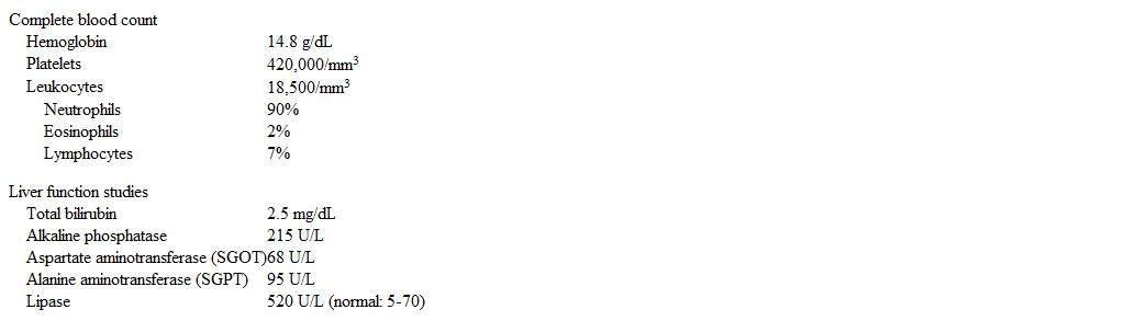 <strong>An 82-year-old man is brought to the emergency department due to fever and confusion.  Yesterday, he experienced abdominal pain, nausea, vomiting, and rigors in the nursing home where he lives.  Earlier today, he was found to be lethargic.  Medical history includes hypercholesterolemia, type 2 diabetes mellitus, and Alzheimer dementia.  The patient quit smoking 30 years ago and does not drink alcohol.  Temperature is 39.1 C (102.4 F), blood pressure is 105/55 mm Hg, pulse is 110/min, and respirations are 20/min.  He is lethargic but arousable to strong stimuli.  On examination, the mucous membranes are dry.  Scleral icterus is present.  No cardiac murmurs are heard.  The lungs are clear to auscultation.  There is marked tenderness in the right upper quadrant and epigastrium but no distension, rebound, or guarding.  Laboratory results are as follows:   An abdominal ultrasound reveals multiple gallstones and a dilated common bile duct.  The gallbladder wall is not thickened.  In addition to aggressive intravenous hydration and antibiotics, which of the following is the best next step in management of this patient?</strong> A)CT scan of the abdomen B)Emergent cholecystectomy C)Endoscopic retrograde cholangiopancreatography D)HIDA scan E)No additional intervention <div style=padding-top: 35px> 