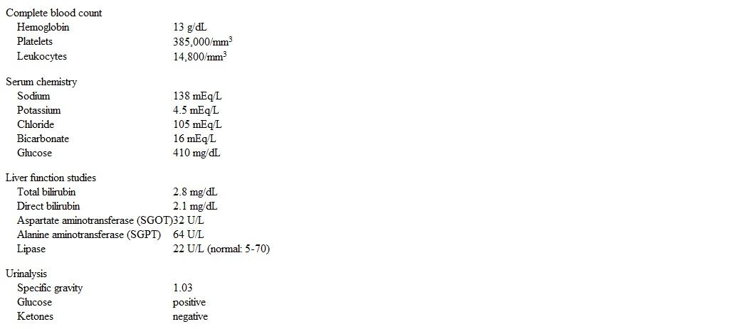 <strong>A 37-year-old woman is brought to the hospital with abdominal pain and confusion that began 24 hours ago.  The patient describes the pain as stabbing and unremitting.  It is worse in the upper abdomen and associated with nausea and frequent nonbloody emesis.  Medical history is significant for type 1 diabetes mellitus and major depression.  The patient has been hospitalized for diabetic ketoacidosis in the setting of insulin noncompliance as well as for a suicide attempt as a teenager.  Temperature is 38.9 C (102 F), blood pressure is 90/60 mm Hg, pulse is 110/min, and respirations are 24/min.  The patient is oriented to person but not to place or time.  The mucous membranes are dry, and capillary refill is delayed.  Heart and lung sounds are unremarkable.  The abdomen is markedly tender in the right upper quadrant and epigastrium but with no rebound or guarding.  Laboratory results are as follows:   Which of the following is the most likely diagnosis?</strong> A)Acetaminophen overdose B)Acute cholangitis C)Acute viral hepatitis D)Diabetic ketoacidosis E)Ethanol overdose F)Mesenteric arterial occlusion G)Necrotizing pancreatitis <div style=padding-top: 35px> 