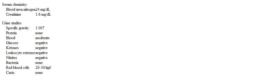 A 35-year-old woman comes to the office due to blood in her urine.  She has been working in her yard for 2 days creating a new garden.  Review of systems is positive for recurrent bilateral flank discomfort.  The patient has no fever, chills, vomiting, dysuria, or urinary frequency.  She has never had blood in her urine before.  She is sexually active with a male partner and uses condoms for contraception.  The patient does not use tobacco, alcohol, or illicit drugs.  Her father died from kidney disease at age 40.  Temperature is 37 C (98.6 F) , blood pressure is 180/120 mm Hg in both arms, and pulse is 82/min and regular.  BMI is 40 kg/m<sup>2</sup>.  Cardiopulmonary examination shows no abnormalities.  The abdomen is soft and without bruits.  Laboratory results are as follows:   Which of the following is the most likely diagnosis? A) Bladder cancer B) Glomerulonephritis C) Nephrolithiasis D) Polycystic kidney disease E) Rhabdomyolysis F) Urinary tract infection