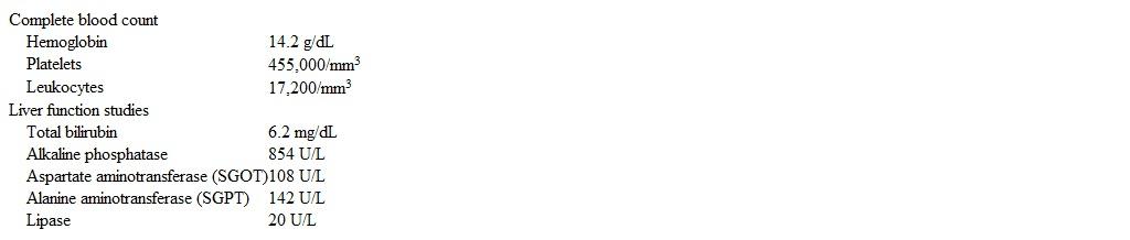 A 34-year-old man comes to the emergency department for right upper quadrant abdominal pain.  The pain started abruptly 24 hours ago and is described as constant, severe, and progressive.  The patient was hospitalized 6 months ago for similar symptoms that were resolved with antibiotics.  Review of systems is positive for occasional bloody stools.  There is no relevant family history, and the patient does not use tobacco, alcohol, or illicit drugs.  Temperature is 39.8 C (103.6 F) , blood pressure is 90/50, pulse is 120/min, and respirations are 22/min.  The patient is lethargic and difficult to arouse.  Scleral icterus is present.  Cardiopulmonary examination is unremarkable.  The abdomen is tender to palpation in the right upper quadrant.  Laboratory evaluation reveals the following:   Right upper quadrant ultrasound is normal.  Which of the following is the most likely cause of this patient's presentation? A) Annular pancreas B) Cholangiocarcinoma C) Chronic pancreatitis D) Pancreatic divisum E) Primary biliary cholangitis F) Primary sclerosing cholangitis