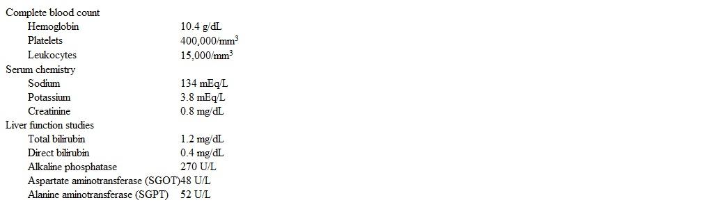 A 72-year-old man comes to the emergency department due to a weeklong history of malaise, fever, dry cough, shortness of breath, and pain in the right upper abdomen.  Two months ago, the patient was diagnosed with unresectable adenocarcinoma of the head of the pancreas.  He refused chemotherapy, and a palliative biliary stent was placed.  Temperature is 38.4 C (101.1 F) , blood pressure is 110/64 mm Hg, pulse is 108/min, and respirations are 20/min.  Physical examination reveals decreased breath sounds at the right lung base and guarding and tenderness in the right upper quadrant.  Laboratory results are as follows:   Chest x-ray reveals a pleural effusion on the right side.  In addition to intravenous fluids and empiric antibiotics, which of the following is the best next step in management of this patient? A) Bronchoscopy B) CT pulmonary angiography C) CT scan of the abdomen D) Endoscopic retrograde cholangiopancreatography E) Hepatobiliary radionuclide scan