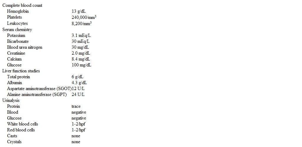 A 65-year-old man is brought to the hospital due to sudden-onset shortness of breath.  He could not lie flat due to breathing difficulty.  There is no associated chest pain.  Six months ago, the patient was hospitalized with similar symptoms and responded well to diuretic therapy.  Medical history is significant for hypertension, coronary artery disease, and transient ischemic attacks.  The patient has undergone several percutaneous coronary interventions for stable angina in the past and had a right carotid endarterectomy 2 years ago.  He has good adherence to his daily medication regimen but smokes a pack of cigarettes daily.  Blood pressure is 210/100 mm Hg, pulse is 104/min and regular, and respirations are 22/min.  Oxygen saturation is 86% on room air.  Examination shows distended neck veins and bilateral lung crackles.  The abdomen is soft, obese, and nontender.  The extremities have no edema.  Laboratory results are as follows:   Cardiac troponin I levels are not elevated.  ECG shows sinus tachycardia with left ventricular (LV)  hypertrophy.  Echocardiogram reveals LV hypertrophy, preserved LV ejection fraction, and no regional wall motion abnormalities.  The patient improves markedly with diuresis and antihypertensive therapy.  Which of the following is the next best step in management? A) Dexamethasone suppression test B) Kidney biopsy C) Plasma metanephrines D) Renal ultrasound with Doppler E) Serum parathyroid hormone level F) Urine light chain assay