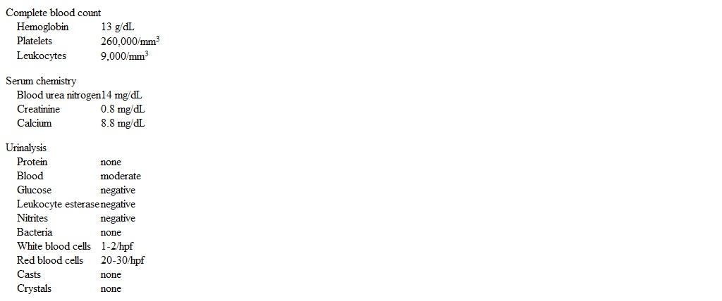 A 50-year-old woman comes to the emergency department due to increasing right flank pain, nausea, and hematuria.  The flank pain started 3 days ago and is constant, dull, and nonradiating.  She reports no dysuria.  The patient was diagnosed with pancreatic cancer a month ago and received the first cycle of chemotherapy 2 weeks ago.  She has smoked a pack of cigarettes daily for 30 years but does not use alcohol.  Temperature is 37 C (98.6 F) , blood pressure is 130/90 mm Hg, pulse is 88/min, and respirations are 16/min.  Examination shows right flank and costovertebral angle tenderness.  Bowel sounds are present.  Peripheral pulses are normal and there is no edema.  Laboratory results are as follows:   Abdominal ultrasound shows an enlarged right kidney and normal left kidney; there is no evidence of hydronephrosis.  The pancreatic mass is unchanged from prior scans.  Which of the following is the most likely diagnosis? A) Membranous nephropathy B) Nephrolithiasis C) Pyelonephritis D) Renal infarction E) Renal vein thrombosis