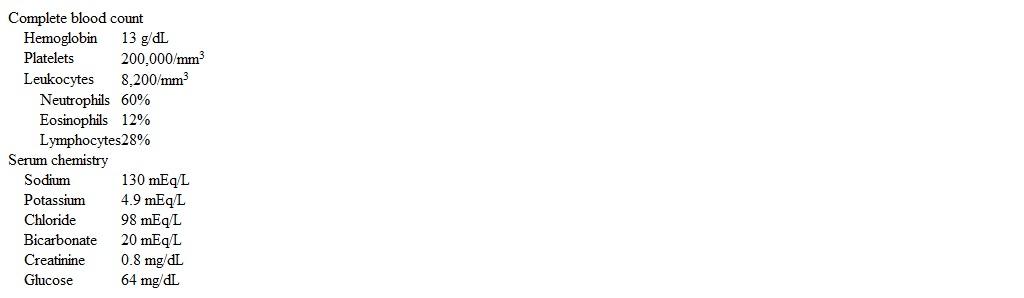 A 36-year-old woman is undergoing upper and lower gastrointestinal endoscopy due to abdominal pain, anorexia, and nausea, with intermittent vomiting and diarrhea for the past several months.  She also has had fatigue and a 10-kg (22-lb)  unintended weight loss during this time.  Abdominal imaging studies have been unrevealing.  The patient has no other medical conditions and takes no medications.  She does not use tobacco, alcohol, or illicit drugs and has no known drug allergies.  Physical examination in the endoscopy unit shows normal heart and lung sounds, mild diffuse abdominal tenderness, and no lower extremity edema.  Propofol is administered in preparation for the endoscopy.  Several minutes later, the patient suddenly becomes hypotensive.  Temperature is 37.8 C (100 F) , blood pressure is 66/40 mm Hg, pulse is 108/min, and respirations are 20/min.  Oxygen saturation is 95% on room air.  There is no wheezing or skin rash.  Heart and lung sounds are normal.  The hypotension fails to improve despite intravenous fluid boluses and epinephrine.  Urgent laboratory results are as follows:   Which of the following is the most likely underlying cause of this patient's cardiovascular collapse? A) Gram-negative sepsis B) Hypoaldosteronism C) Medication adverse effect D) Pulmonary embolism E) Thyrotoxicosis