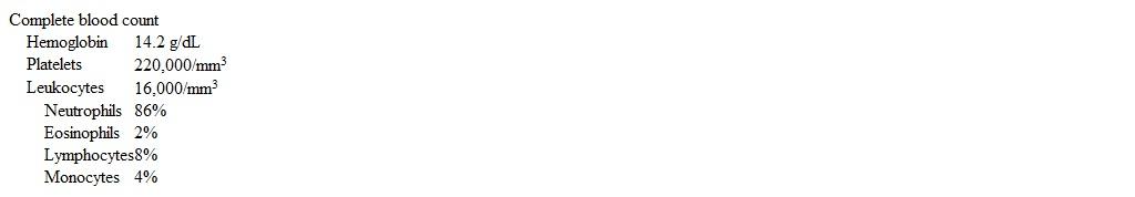 A previously healthy 35-year-old man comes to the emergency department due to severe abdominal pain for the last 4 hours.  The pain started in the periumbilical area but has now shifted to the right lower quadrant.  The patient has also had nausea and 2 episodes of vomiting.  He has no history of other medical conditions and takes no medications.  Temperature is 38.3 C (100.9 F) , blood pressure is 126/80 mm Hg, pulse is 100/min, and respirations are 20/min.  Abdominal examination shows tenderness in the right lower quadrant that does not worsen with inspiration.  Palpation of the left lower quadrant produces pain in the right lower quadrant.  Urinalysis is normal.  Laboratory results are as follows:   Which of the following diagnostic imaging studies is most appropriate prior to definitive treatment of this patient? A) CT scan of the abdomen and pelvis B) MRI of the abdomen and pelvis C) No additional imaging D) Supine and lateral decubitus abdominal x-rays E) Ultrasound of the abdomen