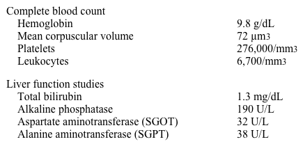 A 63-year-old man comes to the office due to anorexia and weight loss for the past 2 months.  He has no chest pain, abdominal pain, cough, or fever.  His medical problems include hypertension and latent tuberculosis treated 30 years ago.  He does not use tobacco, alcohol, or illicit drugs.  Temperature is 37.5 C (99.5 F) , blood pressure is 124/80 mm Hg, pulse is 78/min, and respirations are 14/min.  Physical examination reveals mucosal pallor and mild hepatomegaly.  The abdomen is soft, nondistended, and nontender.  Cardiopulmonary examination is normal.  Fecal occult blood testing is positive.  Laboratory results are as follows:   Ultrasound reveals a solitary liver lesion measuring 2x3 cm.  Which is the most likely diagnosis? A) Angiosarcoma of the liver B) Cholangiocarcinoma C) Focal nodular hyperplasia D) Hepatic adenoma E) Hepatic tuberculosis F) Hepatocellular carcinoma G) Metastatic disease to the liver