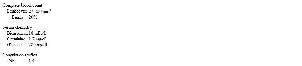 A 43-year-old man comes to the hospital following 24 hours of increasing pain in the lower abdomen, scrotum, and perineum.  He also has experienced malaise and nausea.  He has had no abdominal surgeries or recent perianal or scrotal trauma.  The patient has a history of morbid obesity, hypertension, type 2 diabetes mellitus, hypercholesterolemia, and heart failure with preserved systolic function.  Temperature is 39.7 C (103.5 F) , blood pressure is 80/60 mm Hg, pulse is 112/min, and respirations are 18/min.  Pulse oximetry shows 96% on room air.  BMI is 47 kg/m<sup>2</sup>.  The patient appears ill and uncomfortable.  There is no jugular venous distension.  Lungs are clear to auscultation.  Heart sounds are normal.  The skin over the lower abdomen, scrotum, and perineum is tense, tender, erythematous, and swollen with evidence of crepitus.  Mild, bilateral, lower extremity edema is present.  Laboratory results are as follows:   Blood cultures are obtained, and intravenous fluids and antibiotics are initiated.  Which of the following is the best next step in management of this patient? A) CT scan of the abdomen and perineum B) Emergent surgery C) Hyperbaric oxygen D) Intravenous corticosteroid bolus E) Supportive care in critical care unit