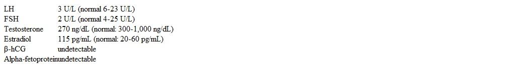 A 35-year-old man comes to the office due to a progressive increase in breast size over the past 6 months.  He is sexually active, has no chronic medical conditions, and takes no medications.  The patient does not use tobacco, alcohol, or illicit drugs.  Vital signs are normal.  BMI is 28 kg/m<sup>2</sup>.  Gynecomastia with mild bilateral breast tenderness is present.  Genitourinary examination reveals a 1-cm nodule in the right testis.  The examination is otherwise normal.  Laboratory results are as follows:   Which of the following is the most likely diagnosis in this patient? A) Choriocarcinoma B) Leydig cell tumor C) Seminoma D) Teratoma E) Yolk sac tumor