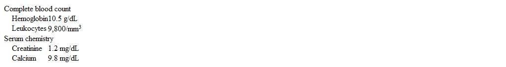 A 62-year-old woman comes to the office due to 6 weeks of malaise and intermittent fever.  She has also had decreased appetite and unintentional weight loss but no bowel or bladder symptoms.  The patient has a history of type 2 diabetes mellitus and hypertension, and 10 years ago she underwent total hysterectomy and bilateral salpingo-oophorectomy for early stage endometrial cancer.  She has smoked a pack of cigarettes daily for 30 years and does not drink alcohol.  She works as an accountant.  Temperature is 37.9 C (100.2 F) , blood pressure is 140/90 mm Hg, pulse is 90/min, and respirations are 16/min.  On examination, she appears thin and pale.  A hard mass is palpated over the right flank area.  There is no abdominal tenderness, and bowel sounds are normal.  The liver and spleen are not enlarged.  No lymphadenopathy is present.  Laboratory results are as follows:   Which of the following is the most likely diagnosis in this patient? A) Acute diverticulitis B) Appendiceal abscess C) Hydronephrosis D) Non-Hodgkin lymphoma E) Polycystic kidney disease F) Renal cell carcinoma