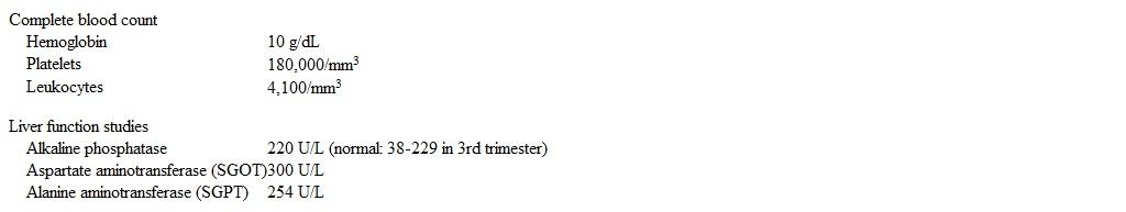 <strong>A 38-year-old woman, gravida 2 para 1, at 28 weeks gestation comes to the office for a routine prenatal visit.  The patient has had no abdominal pain, vaginal bleeding, or leakage of fluid.  She reports active fetal movement.  The patient has been on antiretroviral therapy since being diagnosed with HIV 3 years ago, and her last viral load was undetectable.  She had negative syphilis and hepatitis C screening at her initial prenatal visit.  Blood pressure is 122/74 mm Hg, and pulse is 86/min.  The abdomen is nontender, and fundal height is 28 cm.  Fetal heart tones are 140/min.  The rest of the examination is normal.  Laboratory results are as follows:   Ultrasound of the right upper quadrant shows no stones or dilation of the common bile duct.  Which of the following is the best next step in management of this patient?</strong> A)24-hour urine protein collection B)Antinuclear antibody testing C)Immediate delivery D)Serum ceruloplasmin E)Viral hepatitis serology <div style=padding-top: 35px> 