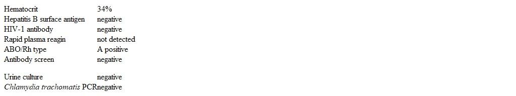 <strong>A 33-year-old woman, gravida 2 para 1, comes to the clinic for a routine prenatal visit at 26 weeks gestation.  Her pregnancy has been uncomplicated.  The patient's BMI was 23 kg/m<sup>2</sup> at her initial prenatal visit, and her laboratory results were as follows:   An ultrasound at 20 weeks gestation showed an anterior placenta and normal fetal anatomy.  The patient's only concern today is lower leg swelling that occurs after prolonged standing but resolves with sitting or lying down.  Her last pregnancy was complicated by Group B Streptococcus colonization requiring prophylaxis during delivery.  The patient has no chronic medical problems and takes only prenatal vitamins.  She is a radiologist and does not use tobacco, alcohol, or drugs.  Blood pressure is 135/80 mm Hg and pulse is 65/min.  Physical examination shows minimal pedal edema and negative Homan sign bilaterally.  Fundal height is 27 cm and fetal heart rate is 140/min.  Which of the following tests should be obtained at this visit?</strong> A)24-hour urine protein collection B)Chlamydia trachomatis cervical polymerase chain reaction C)Clean catch urine culture D)Group B Streptococcus rectovaginal culture E)Hepatitis B surface antigen blood test F)Oral glucose challenge test <div style=padding-top: 35px> 