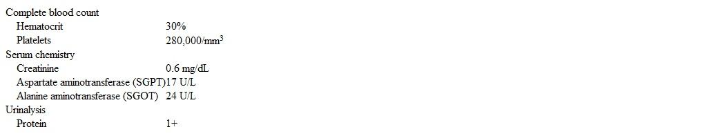 <strong>A 30-year-old woman, gravida 1 para 0, at 24 weeks gestation comes to the office for a prenatal visit.  The patient feels well and has no vaginal bleeding, leakage of fluid, or contractions.  She has had no headaches, changes in vision, or right upper quadrant pain.  The patient has no chronic medical conditions and has had an uncomplicated pregnancy.  She does not use tobacco, alcohol, or illicit drugs.  Temperature is 37.2 C (99 F), blood pressure is 152/88 mm Hg, pulse is 72/min, and respirations are 14/min.  Oxygen saturation is 99% on room air.  Physical examination is normal.  Fetal heart rate is 150/min on Doppler ultrasound.  Laboratory results are as follows:   A nonstress test is reactive.  Repeat blood pressure is 154/86 mm Hg.  Which of the following is the best next step in management of this patient's hypertension?</strong> A)24-hour urine collection for total protein B)Immediate induction of labor C)Magnesium sulfate infusion D)No additional management indicated E)Outpatient bed rest <div style=padding-top: 35px> 