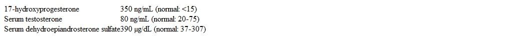 <strong>A 16-year-old girl comes to the office for evaluation of excessive facial hair.  The patient has used multiple creams and makeup over the last year but is still embarrassed by the facial hair.  She also has had irregular menstrual cycles since menarche at age 12; her last menstrual period was 6 weeks ago.  She is an avid runner.  Blood pressure is 122/70 mm Hg and pulse is 87/min.  BMI is 20 kg/m<sup>2</sup>.  Physical examination shows hirsutism.  The patient has normal external female genitalia; the rest of the examination is unremarkable.  Urine pregnancy test is negative.  Laboratory results are as follows:   Serum glucose and electrolytes are normal.  Which of the following is the most likely diagnosis in this patient?</strong> A)Adrenal carcinoma B)Cushing syndrome C)Germ cell tumor D)Idiopathic hirsutism E)Nonclassic congenital adrenal hyperplasia F)Polycystic ovary syndrome G)Use of performance-enhancing agents <div style=padding-top: 35px> 