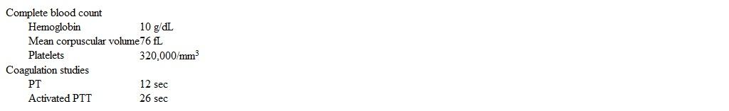 <strong>A 16-year-old girl comes to the emergency department with heavy vaginal bleeding for 3 days.  The patient's menses have been irregular since menarche at age 14 and occur every 4-5 months; her previous menstrual period was almost 4 months ago.  She has no medical problems and has had no surgeries.  She does not use tobacco, alcohol, or illicit drugs.  The patient is sexually active and uses condoms for contraception.  Temperature is 37.2 C (99 F), blood pressure is 110/60 mm Hg, pulse is 90/min, and respirations are 16/min.  On pelvic examination, there is a moderate amount of blood in the vaginal vault and active bleeding from the cervical os.  Bimanual examination shows a small uterus and no adnexal masses.  Pelvic ultrasound reveals a small uterus with a thick endometrial stripe and normal ovaries.  Urine pregnancy test is negative.  Laboratory results are as follows:   Which of the following is the most appropriate next step in management of this patient?</strong> A)Emergency dilation and curettage B)High-dose gonadotropin-releasing hormone agonists C)High-dose oral contraceptive therapy D)Packed red blood cell transfusion E)Workup for coagulation factor deficiency <div style=padding-top: 35px> 