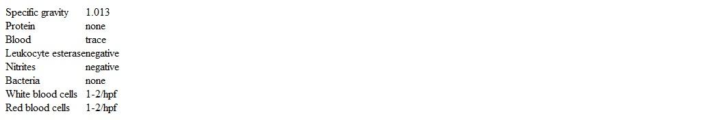 A 47-year-old woman comes to the office due to lower abdominal pain that is relieved with urination.  The pain has worsened over the past 2 months and she now urinates hourly to minimize the pain.  The patient is sexually active but has avoided intercourse recently because it has become painful.  She had 4 vaginal deliveries in her 30s and a tubal ligation after her last delivery.  The patient has irritable bowel syndrome and takes no medications.  Vital signs are normal.  BMI is 27 kg/m<sup>2</sup>.  There is tenderness to palpation over the lower abdomen.  On bimanual examination, the anterior vaginal wall is tender to palpation, but there is no cervical motion tenderness.  The remainder of the pelvic examination is normal, and Valsalva does not elicit any noticeable changes.  Urinalysis results are as follows:   A urine culture is negative.  Which of the following is the most likely diagnosis in this patient? A) Cystocele B) Interstitial cystitis C) Overactive bladder D) Pelvic inflammatory disease E) Urethral diverticulum