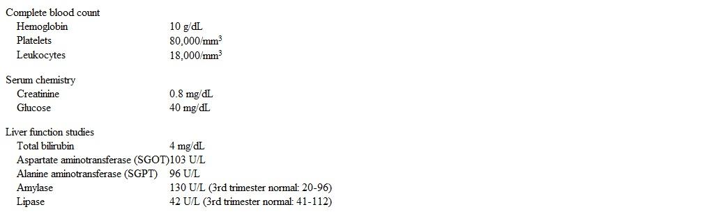 A 37-year-old woman, gravida 1 para 0, at 34 weeks gestation comes to the emergency department due to nausea, vomiting, and severe epigastric pain.  The patient first noticed the pain after breakfast yesterday.  The pain continued throughout the day and now involves the right upper quadrant.  She has been taking acetaminophen with no pain relief.  The patient developed nausea and recurrent vomiting 4 hours ago.  The patient has not had routine prenatal care.  Temperature is 37.2 C (99 F) , blood pressure is 130/80 mm Hg, and pulse is 106/min.  Fetal heart rate monitoring shows a baseline of 170/min with minimal variability.  There are no contractions on tocodynamometer.  There is tenderness to palpation over the epigastrium and right upper quadrant, with no rebound or guarding.  The uterus is nontender.  Laboratory results are as follows:   Which of the following is the most likely diagnosis in this patient? A) Acetaminophen toxicity B) Acute cholecystitis C) Acute fatty liver of pregnancy D) Acute pancreatitis E) Preeclampsia with severe features