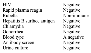 A healthy 22-year-old woman, gravida 2 para 1, comes to her physician for a routine prenatal visit.  She is 28 weeks pregnant, feeling well, and gaining weight appropriately.  She has no bleeding, fluid leakage, or uterine contractions and feels fetal movement.  The patient recently ended her relationship with the father of the baby.  Her first trimester prenatal testing results were as follows:   Which of the following is the most appropriate next step at this gestational age in pregnancy? A) Anti-D immune globulin B) Group B Streptococcus culture C) HIV antibody test D) Rubella immunization E) Urine culture