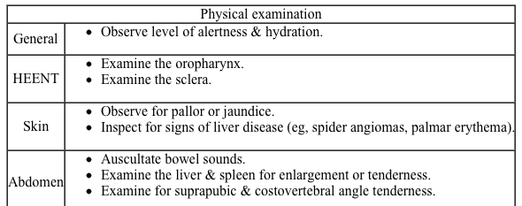 <strong>Approach to the patient</strong> Patients may report unusual or undifferentiated symptoms that could be due to disease in multiple systems.  In some cases, this may represent a <strong>cardinal manifestation</strong> of an uncommon condition (eg, the target shaped rash of Lyme disease).  Alternately, unusual symptoms may be an <strong>atypical manifestation</strong> of a common disorder (eg, systemic lupus erythematosus presenting as migratory mononeuropathy). When evaluating a patient with nonspecific symptoms, review the medical history, risk factors, and medications to identify what disorders and complications are most likely.  Identify the system involved, and consider what disorders are most likely to affect that system in the patient. Dark urine can represent either an unusually concentrated urine, hematuria, or an <strong>abnormal pigment</strong> in the urine.  Abnormal urine color is usually due to disorders of the renourinary tract, hepatobiliary system, blood/hematologic system, or musculoskeletal system.  If the patient otherwise feels well, abnormal urine color is usually benign. <strong>Differential diagnosis</strong> The color of the urine can guide the differential diagnosis: <strong>Red</strong>: Blood, food pigments (eg, beets, rhubarb), medications (eg, phenazopyridine, rifampin), porphyrins <strong>Blue/green</strong>: Food dyes, medications (eg, indomethacin, amitriptyline), Pseudomonas urinary tract infection <strong>Brown</strong>: Medications (eg, metronidazole, senna), liver/kidney disease, myoglobin/rhabdomyolysis <strong>Orange</strong>: Hepatobiliary disease, dehydration <strong>Hematuria</strong> can be categorized by the pattern through urination.  Blood at the start of voiding that clears is usually from a urethral source.  Blood at the end of voiding suggests a bladder or prostate source.  Visible blood throughout voiding may represent an upper tract (kidney and collecting system) source. <strong>Biliary obstruction</strong> may cause dark-yellow/orange urine with jaundice, pale stools, and right upper quandrant pain.  Hematuria in a patient with a history of heavy smoking is a common presentation of <strong>bladder cancer</strong>.  Dark urine following a crush injury or extreme physical exertion suggests <strong>rhabdomyolysis</strong>.  In addition,<strong> hemolysis</strong> may cause dark urine with fatigue, jaundice, and back or abdominal pain. <strong>History and physical examination</strong> In addition to the standard general medical history and physical examination, the following sections include the most common items that should be included in the evaluation of a patient with dark urine.     <strong>Closing the encounter</strong> In the wrap-up discussion, the first step is to discuss the likely diagnosis along with an assessment of the diagnostic uncertainty.  If a patient has pathognomonic findings for a particular disease, you should explain the significance of them.  If you are uncertain about the diagnosis, say so clearly, but reassure the patient that you will work with them to identify the cause. Regarding diagnostic tests, if invasive studies are necessary (eg, cystoscopy in an elderly smoker with hematuria), explain the rationale for the tests.  Allow time for questions, and assess the patient's readiness to undergo the studies you recommend. <strong>Diagnostic studies</strong> Patients with an abnormal urine color should have a urinalysis with microscopic analysis of urinary sediment (ie, for casts, crystals, etc.).  Note that patients with myoglobinuria may have a positive test for hemoglobin on chemical (dip stick) urinalysis without red blood cells on microscopic analysis.  Other studies may include: Electrolytes, blood urea nitrogen, creatinine Liver function tests (eg, direct and indirect bilirubin) Urine culture Complete blood count (and peripheral smear, reticulocyte count) Muscle enzymes (eg, creatinine kinase, aspartate aminotransferase [AST]) CT urogram (for identifying kidney stones) Liver/biliary CT scan, ultrasound Cystoscopy Patients with hematuria should have evaluation of both the upper and lower urinary tract.  Typical studies include CT urogram and cystoscopy, but the specific evaluation may be individualized. If hemolytic anemia is suspected, start with a complete blood count, reticulocyte count, and peripheral smear.  Supportive findings include elevated lactate dehydrogenase, low haptoglobin, and elevated unconjugated bilirubin.  These should be performed before more specific testing (eg, hemoglobin electrophoresis, glucose-6-phosphate dehydrogenase, osmotic fragility).