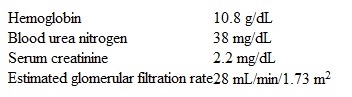 <strong>A 55-year-old woman comes to the office due to exertional dyspnea for 3 months.  The patient has had no chest pain.  Medical history is significant for hypertension and chronic kidney disease.  Medications include furosemide, amlodipine, and lisinopril.  The patient has never smoked cigarettes.  Temperature is 37 C (98.6 F), blood pressure is 128/80 mm Hg, and pulse is 80/min.  Oxygen saturation is 98% on room air.  BMI is 27 kg/m<sup>2</sup>.  There is no jugular venous distension.  Cardiopulmonary examination is normal.  Trace bilateral pedal edema is present.  Laboratory studies are as follow:   ECG is unremarkable.  Chest x-ray reveals clear lung fields.  Which of the following is the most appropriate next step in management of this patient?</strong> A)CT pulmonary angiography B)Erythropoiesis-stimulating agent C)Hemodialysis D)Pulmonary function testing E)Stress echocardiography <div style=padding-top: 35px> 