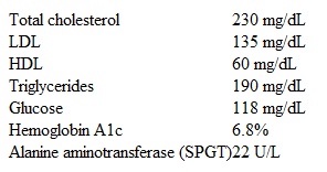 <strong>A 51-year-old man comes to the office for a follow-up visit.  He has no concerns.  His medical conditions include type 2 diabetes mellitus, hypertension, and obesity.  The patient does not use tobacco, alcohol, or illicit drugs.  His mother and maternal grandfather also had diabetes.  His current medications include aspirin, glyburide, metformin, and lisinopril.  Blood pressure is 144/79 mm Hg and pulse is 88/min.  Weight is 120 kg (265 lb).  Examination shows no abnormalities.  Laboratory results are as follows:   Which of the following is the most appropriate therapy to prevent atherosclerotic cardiovascular disease in this patient?</strong> A)Exercise alone B)Gemfibrozil C)Niacin D)Orlistat E)Rosuvastatin <div style=padding-top: 35px> 