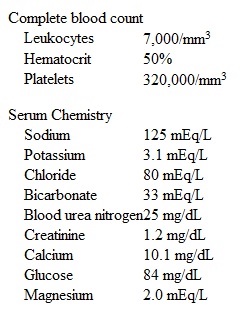 A 72-year-old man comes to the emergency department due to progressive shortness of breath and cough productive of yellowish sputum.  The patient says,  I have been feeling breathless for the past several months while mowing the lawn or walking around the house, but it has been worse over the last 3 days.   He has had no chest pain or leg swelling but notes that his heart  has been racing.   The patient has a history of hypertension, peptic ulcer disease, and osteoarthritis.  He was hospitalized for pneumonia a year ago and required intravenous antibiotics.  Six months ago, the patient underwent a cardiac stress test for chest discomfort, which was unremarkable.  The patient has smoked a pack of cigarettes daily for 45 years.  Blood pressure is 160/90 mm Hg, pulse is 148/min, and respirations are 26/min.  He is speaking in partial sentences and using accessory muscles of respiration but is alert and cooperative.  There is no jugular venous distension or heart murmurs, rub, or gallops, but the heart sounds are irregular.  Lung auscultation reveals bilateral rhonchi and expiratory wheezes.  Arterial blood gases while breathing 2 L of oxygen via nasal cannula reveal PO<sub>2</sub> of 66 mm Hg, PCO<sub>2</sub> of 52 mm Hg, and pH 7.33.  ECG shows narrow QRS complexes with distinct P waves of different morphologies and variable PR segments and R-R intervals.  Chest x-ray reveals no pulmonary infiltrates or consolidation.  Inhaled bronchodilators and systemic glucocorticoids are administered. The patient's dyspnea has improved after initial treatment in the emergency department, but he continues to have palpitations.  Pulse is 125/min and irregular.  Blood pressure is 140/88 mm Hg and respirations are 16/min.  Oxygen saturation is 92% on 2 L oxygen via nasal cannula.  ECG findings are unchanged from the time of admission.  Laboratory results are as follows:   Which of the following is the most appropriate next step in management of this patient? A) Hypertonic saline B) Intravenous esmolol C) Intravenous verapamil D) Potassium replacement E) Unfractionated heparin infusion