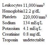 A 27-year-old woman is brought to the emergency department due to a 4-hour history of chest pain that is localized to the middle of the chest and the upper sternal area.  She describes it as  intense.   The patient has never before experienced a similar pain.  She also describes some nausea and a mild occipital headache.  She has had no vomiting, abdominal pain, or shortness of breath.  A friend who accompanies her to the emergency department says that they attended a party and the patient smoked crack cocaine shortly prior to her episode of chest pain.  She did not consume alcohol.  The patient has a history of intravenous drug use.  She was treated with antibiotics for upper extremity cellulitis 6 months ago.  There is no family history of premature coronary artery disease.  The patient does not take any medications and has no known drug allergies.  On initial evaluation, temperature is 37.8 C (100 F) , blood pressure is 204/102 mm Hg on the right arm and 210/104 mm Hg on the left arm, pulse is 102/min and regular, and respirations are 18/min.  Oxygen saturation is 99% on room air.  The patient appears thin, anxious, and agitated.  Heart sounds are normal and no murmurs are heard.  Lungs are clear to auscultation bilaterally.  The abdomen is soft and nontender.  Lower extremity pulses are full and symmetric.  There is no peripheral edema.  ECG shows sinus tachycardia but is otherwise unremarkable.  Portable chest x-ray reveals clear lung fields.  Finger-stick blood glucose level is 98 mg/dL. After 2 hours in the emergency department, the patient has weakness in her right arm.  Her chest pain is somewhat better, but she still has pain at the middle and upper part of the sternum.  She has been treated with lorazepam, morphine, and nitroglycerin infusion.  Blood pressure is 133/80 mm Hg and heart rate is 88/min and regular.  Neurologic examination shows mild muscle weakness affecting the right upper and lower extremities.  Speech is normal.  Repeat ECG shows normal sinus rhythm with no significant abnormalities. Laboratory results are as follows:   Immediate noncontrast CT scan of the head reveals no evidence of bleeding.  Which of the following is the best next step in management of this patient? A) Carotid artery ultrasound B) CT angiography of the chest C) Intravenous alteplase D) Intravenous phentolamine E) Low-molecular-weight heparin