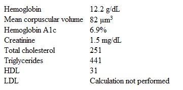 A 56-year-old man comes to the physician for an initial evaluation.  He reports tiredness and decreased exercise tolerance over the past few weeks.  He feels  out of breath  when he goes ballroom dancing with his wife, which has been a regular activity for them.  He has not had any cough, orthopnea, wheezing, and lower extremity edema.  The patient's other medical problems include gastroesophageal reflux disease.  Approximately a month ago he had a particularly severe episode of burning in the upper abdomen and chest, but he has not noted any dark stools or blood in the stool.  He takes ranitidine intermittently and uses ibuprofen periodically for pain in his left knee but is not taking any regular medications.  He has a 30-pack-year smoking history and drinks 1-2 beers per night.  The patient's mother had diabetes mellitus and died of a stroke.  His father died of colon cancer.  His blood pressure is 144/89 mm Hg and pulse is 94/min and regular.  BMI is 32 kg/m<sup>2</sup>.  Examination shows normal jugular venous pressure and clear lungs.  First and second heart sounds are normal.  Deep palpation in the epigastric region elicits mild tenderness.  Laboratory results are as follows:   ECG is shown in the exhibit.   Which of the following is the most appropriate next step in pharmacotherapy? A) Fenofibrate B) Ferrous sulfate C) Ipratropium bromide D) Metoprolol E) Sucralfate