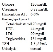 A 40-year-old man comes to the office for follow-up of type 1 diabetes mellitus.  He was diagnosed 3 years ago when he was admitted to the hospital for diabetic ketoacidosis.  The diabetes is treated with a continuous subcutaneous insulin infusion via an insulin pump, and most blood glucose levels are within 80-120 mg/dL with no significant hypoglycemic episodes.  The patient exercises 5 days a week and follows strict dietary restrictions; he has avoided eating  junk food  apart from a small slice of cake on his birthday 3 months ago.  Medical history is notable only for mild vitiligo, and his only other medication is a daily multivitamin.  The patient does not use tobacco, alcohol, or illicit drugs.  Family history is negative for diabetes mellitus and premature coronary artery disease.  Blood pressure is 126/80 mm Hg and pulse is 68/min.  BMI is 23.4 kg/m<sup>2</sup>.  Physical examination, including lower extremity monofilament testing, is normal.  Laboratory results are as follows:   Which of the following is the best next step in management of this patient's condition? A) Continue current therapy B) Initiate statin therapy C) Screen for diabetic retinopathy D) Start an ACE inhibitor E) Start low-dose aspirin therapy