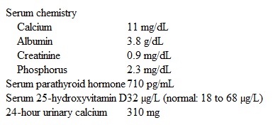 A 52-year-old woman comes to the office for follow-up after a forearm fracture.  She experienced a nondisplaced radial fracture in a ground-level fall a week ago, and was treated with casting in the emergency department.  The patient has a history of chronic constipation but has had no polyuria, bone pain, hematuria, or headaches.  Medical history is notable for borderline hypertension that has been stable for several years with dietary modification.  Her only medications include calcium and vitamin D supplements that she started after experiencing menopause a year ago.  The patient has a 15-pack-year smoking history but quit 20 years ago; she does not use alcohol or illicit drugs.  Her mother has osteoporosis and her father had type 2 diabetes mellitus and hypertension.  Blood pressure is 157/98 mm Hg and pulse is 72/min.  BMI is 28 kg/m<sup>2</sup>.  Physical examination shows a cast on the right forearm but is otherwise unremarkable.  Laboratory results are as follows:   Serum calcium a year ago was 10.9 mg/dL.  DXA reveals a T-score of −2.6 at the lumbar spine and −1.8 at the femoral neck.  Which of the following is the best management for this patient? A) Bisphosphonate therapy B) Hormone replacement therapy C) Parathyroidectomy D) Serial laboratory monitoring E) Thiazide diuretic therapy