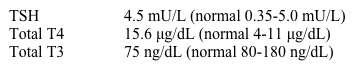 A 54-year-old woman comes to the emergency department with palpitations.  She has experienced paroxysmal atrial fibrillation for the past 6 months.  She has had extensive investigations for an underlying cause, including echocardiography and thyroid function testing, which were normal.  The patient was started on amiodarone 6 weeks ago by her cardiologist and did well in the interim.  She has had no change in her weight or intolerance to hot or cold temperatures.  Her other medications include atenolol and low-dose aspirin.  On physical examination, the patient appears comfortable.  Her blood pressure is 132/82 mm Hg and heart rate is 112/min and irregular.  Laboratory studies show a normal complete blood count and basic metabolic panel.  ECG shows atrial fibrillation with rapid ventricular response.  Thyroid function markers are as follows:    What is the most likely explanation for this patient's thyroid function tests? A) Amiodarone effect on thyroid hormone metabolism B) Aspirin effect on thyroid hormone metabolism C) Atenolol effect on thyroid hormone metabolism D) Euthyroid sick syndrome E) Graves' disease