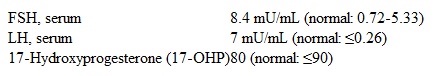 A 6-year-old girl is brought to the clinic for evaluation of acne.  Her parents first noticed mild acne on her forehead and nose 3 weeks ago as well as adult-type body odor that requires her to bathe more frequently.  The patient was born at 35 weeks gestation but has no ongoing medical conditions.  Blood pressure is normal.  Weight is at or above the 97th percentile and height is at the 97th percentile.  BMI is at or above the 97th percentile.  Comedonal acne is present on the forehead, cheeks, and nose but not on the back or chest.  Fundoscopic examination and pupillary reaction are normal bilaterally.  Cardiopulmonary examination is normal.  The areolae are enlarged, and breast tissue is palpable bilaterally.  The abdomen is soft and nontender with no palpable masses.  Coarse, dark pubic hair is noted.  Bone age is 9 years.  Laboratory results are as follows:   Which of the following is the most likely diagnosis in this patient? A) Central precocious puberty B) Congenital adrenal hyperplasia C) McCune-Albright syndrome D) Polycystic ovary syndrome E) Premature adrenarche