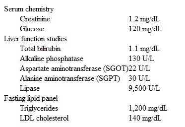A 30-year-old woman comes to the emergency department due to 12 hours of severe abdominal pain, which radiates to her back and is associated with nausea and vomiting.  She has no chronic medical conditions.  There is no family history of premature coronary artery disease.  She does not use tobacco or alcohol.  Temperature is 37.7 C (99.9 F) , blood pressure is 120/90 mm Hg, pulse is 85/min, and respirations are 18/min.  BMI is 34 kg/m<sup>2</sup>.  The abdomen is tender to palpation but without rebound or involuntary guarding.  Laboratory results are as follows:   Ultrasound of the right upper quadrant shows pancreatic edema but is otherwise unrevealing.  In addition to an infusion of lactated Ringer solution and pain medication, the patient is treated with intravenous insulin and dextrose solution.  Her symptoms and laboratory studies improve after 3 days.  Which of the following is recommended to prevent recurrence in this patient? A) Elective bariatric surgery B) Elective cholecystectomy C) Long-term fibrate therapy D) Long-term metformin therapy E) Long-term statin therapy