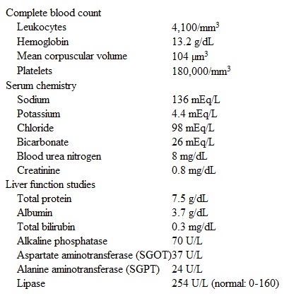 A 45-year-old man comes to the clinic for follow-up 8 weeks after an episode of acute pancreatitis due to alcohol abuse.  The patient initially presented with abdominal pain radiating to his back, nausea, and vomiting.  His condition improved with supportive care, and the hospital course was uncomplicated.  Since discharge, he reports occasional mild abdominal discomfort but otherwise feels well.  His abdominal discomfort is not associated with food.  He has no vomiting, diarrhea, or early satiety.  The patient has stopped drinking since his last admission, but continues to smoke a pack of cigarettes a day and has done so for the last 30 years.  Temperature is 36.7 C (98.2 F) , blood pressure is 125/70 mm Hg, pulse is 72/min, and respirations are 16/min.  On physical examination, oropharynx is without lesions, lungs are clear, and there are normal S1 and S2 without murmurs.  Abdominal examination reveals fullness and mild tenderness over the epigastric area.  Bowel sounds are present.  There is no hepatomegaly, splenomegaly, guarding, or rebound tenderness.  The remainder of the examination is normal.  Laboratory results are as follows:   Which of the following is the most likely cause of this patient's persistent abdominal pain? A) Common biliary duct stricture B) Infected pancreatic necrosis C) Pancreatic adenocarcinoma D) Pancreatic pseudocyst E) Splenic vein thrombosis