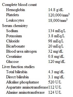A 52-year-old woman is brought to the emergency department due to a 2-day history of fever, chills, abdominal pain, nausea, and vomiting.  Her husband says that she has become progressively confused and lethargic today.  The patient has a history of dyspepsia and underwent laparoscopic cholecystectomy 2 years ago but still has occasional upper abdominal discomfort.  Medical history also includes hyperlipidemia and diet-controlled diabetes mellitus.  The patient recently started taking herbal supplements to help lose weight.  She drinks alcohol at social events but does not use tobacco or illicit drugs.  There is no history of recent travel, but the family had a barbecue lunch before her symptoms started.  Other family members who consumed the same food are asymptomatic.  Temperature is 39.4 C (103 F) , blood pressure is 90/50 mm Hg, pulse is 126/min, and respirations are 20/min.  BMI is 34 kg/m<sup>2</sup>.  The patient has scleral icterus and dry mucous membranes.  The lungs are clear to auscultation and cardiac examination is normal with the exception of tachycardia.  There is marked right upper quadrant and epigastric tenderness without rebound tenderness.  The patient has no rash or enlarged lymph nodes.  She is somnolent but wakes to touch; otherwise, her neurologic examination is unremarkable.  Laboratory results are as follows:   Abdominal ultrasonography reveals fatty infiltration of the liver, postcholecystectomy changes, and dilated biliary ducts and common bile duct.  Which of the following is the most likely cause of this patient's current condition? A) Acute cholangitis B) Acute viral hepatitis C) Amebic liver abscess D) Drug-induced liver injury E) Escherichia coli O157:H7 infection