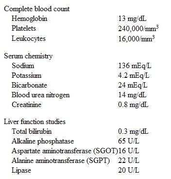 A 54-year-old woman comes to the emergency department due to 12 hours of constant upper abdominal discomfort, nausea, and vomiting.  The patient had a large dinner, went to bed feeling well, and was awakened by severe pain.  In the past year, she has had brief similar episodes, but the pain was never this persistent.  She has had no diarrhea or dysuria.  Medical history includes gastroesophageal reflux, hyperlipidemia, and type 2 diabetes mellitus.  The patient does not use alcohol, tobacco, or illicit drugs.  Temperature is 38.3 C (100.9 F) , blood pressure is 140/90 mm Hg, pulse is 110/min, and respirations are 20/min.  BMI is 33.2 kg/m<sup>2</sup>.  The lungs are clear to auscultation and heart sounds are normal.  Abdominal examination reveals moderate tenderness in the right upper quadrant with voluntary guarding.  There is no rebound tenderness.  Laboratory results are as follows:   Ultrasound of the abdomen reveals several small gallstones without gallbladder wall edema or sonographic Murphy sign.  The common bile duct is not enlarged.  Which of the following is the best next step in management of this patient? A) Arrange for emergency laparoscopic cholecystectomy B) Discharge with NSAIDs and elective cholecystectomy referral C) Obtain a contrast-enhanced CT scan of the abdomen D) Obtain a hepatobiliary iminodiacetic acid (HIDA)  scan E) Perform endoscopic retrograde cholangiopancreatography