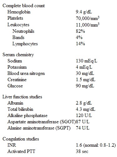 A 45-year-old man is brought to the emergency department by his wife due to progressive lethargy, confusion, and abdominal pain.  He has had no hematemesis, melena, or hematochezia.  The patient has a history of alcoholic cirrhosis.  He had a variceal hemorrhage 2 months ago and has been treated previously for hepatic encephalopathy.  The patient takes nadolol, furosemide, spironolactone, and lactulose at home.  There have been no changes in his dietary intake, and he has not used any over-the-counter medicines or herbal supplements.  He still occasionally drinks alcohol but does not use tobacco or illicit drugs.  Temperature is 38 C (100.4 F) , blood pressure is 104/60 mm Hg, and pulse is 96/min.  The patient is cachectic and somnolent, and he wakes up with painful stimuli.  He has a flapping tremor of both hands, and the speech is slurred and incomprehensible.  Mucous membranes are dry, and he has scleral icterus.  Several spider angiomata are present on the upper torso.  The lungs are clear to auscultation, and heart sounds are normal with no murmur.  The abdomen is distended and tense with large abdominal wall collaterals.  There is a fluid wave and diffuse tenderness but no rebound tenderness.  Bowel sounds are decreased.  Stool occult blood is negative.  Laboratory results are as follows:   A diagnostic paracentesis is performed, and the ascitic fluid results are as follows:   The patient is hospitalized, and appropriate therapy is started.  The patient's wife inquires about his overall prognosis.  Which of the following is the most useful indicator for 90-day mortality in this patient? A) Platelet count B) Serum albumin C) Serum aminotransferase D) Serum ammonia E) Serum creatinine