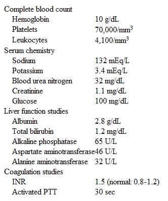 A 46-year-old man is brought to the emergency department by the police after being found unresponsive on a nearby park bench.  Previously, the patient was brought to the hospital on several occasions due to acute alcohol intoxication.  No other history can be obtained.  The patient appears disheveled and has a strong smell of alcohol.  Temperature is 36.1 C (97 F) , blood pressure is 110/76 mm Hg, and pulse is 84/min.  Pulse oximetry shows 98% on ambient air.  The patient does not follow instructions and withdraws all extremities to painful stimuli.  The mucous membranes are dry, and he has several spider angiomata and bilateral gynecomastia.  The lungs are clear to auscultation and heart sounds are normal with no murmur.  There is moderate abdominal distension with shifting dullness.  The liver edge cannot be palpated.  While being evaluated in the emergency department, the patient vomits a large amount of bright red blood.  Repeat vital signs show that blood pressure is 100/50 mm Hg and pulse is 110/min.  Two large-bore peripheral lines are placed and intravenous fluid is administered. The initial appropriate steps are taken for this patient, and an upper gastrointestinal endoscopy is planned.  Laboratory results are as follows:   Which of the following is the most appropriate next step in management of this patient? A) Albumin infusion B) Fresh frozen plasma C) H2-blocker infusion D) Intravenous octreotide E) Platelet transfusion