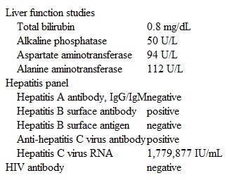 A 54-year-old man comes to the office due to a recent finding of abnormal liver function tests.  Four weeks ago, he went to the emergency department due to 2 days of diarrhea and vomiting.  During the evaluation for viral gastroenteritis, the patient was found to have elevated liver aminotransferase levels and was advised to follow up with his primary care physician.  Since then, his gastrointestinal symptoms have improved.  He has had no fever, abdominal pain, nausea, vomiting, jaundice, or pruritus.  The patient has no chronic medical problems.  He had an appendectomy during childhood with some operative complications requiring blood transfusions.  His only medication is ibuprofen as needed.  The patient does not use tobacco or illicit drugs and drinks alcohol occasionally.  He is married and in a monogamous relationship.  Temperature is 37 C (98.6 F) , blood pressure is 130/80 mm Hg, and pulse is 78/min.  He has no scleral icterus, and mucous membranes are pink and moist.  Cardiopulmonary examination is unremarkable.  The abdomen is soft and nontender with no organomegaly.  Current laboratory results are as follows:   The laboratory results are discussed with the patient, and a plan for treatment with direct-acting antivirals is made.  The patient agrees to abstinence from alcohol as well as regular follow-up.  Which of the following additional interventions is most appropriate in this patient? A) Barrier contraception to prevent transmission B) Complete avoidance of acetaminophen C) Depression screening questionnaire D) Hepatitis A vaccine E) Quantitative PCR for hepatitis B virus DNA