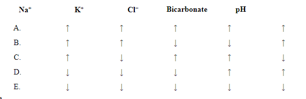 A 5-week-old boy is brought to the office by his mother due to vomiting.  The mother explains,  Over the past 4 days, my son has been vomiting forcefully right after drinking his formula.  He used to spit up after feeding, but it has been getting worse, and now, he seems to throw up everything he eats.   The emesis is the color of milk.  The patient has had fewer wet diapers today and a single stool yesterday.  He was born at 39 weeks gestation after an uncomplicated pregnancy.  Newborn metabolic screening was normal.  Medical history is notable for switching to formula at age 2 weeks due to low breast milk production.  At that time, the patient was at the 25th percentile for length, weight, and head circumference.  Today, he is at the 10th percentile for weight, although length and head circumference remain at the 25th percentile.  Temperature is 36.7 C (98.1 F)  and pulse is 169/min.  Physical examination shows an awake, alert, slightly fussy infant.  The anterior fontanelle is open and mildly sunken.  The lips and mucous membranes are slightly dry.  Cardiopulmonary examination shows no abnormalities.  The abdomen is soft and nondistended with active bowel sounds, although waves of peristalsis are visible.  There is no hepatosplenomegaly or tenderness to palpation.  Serum chemistry is pending. Which of the following most likely represents the electrolyte profile of this patient?   A) A B) B C) C D) D E) E