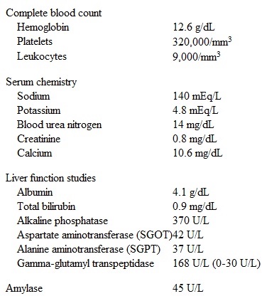 A 33-year-old woman comes to the office due to fatigue over the last 6 months.  She attributes this to her stressful work environment but still wants to be  checked up.   The patient has no significant medical history, and her only medication is an oral contraceptive.  She has had no abdominal pain, back pain, vomiting, diarrhea, or leg swelling.  The patient drinks 1 or 2 glasses of wine on most days of the week but does not use tobacco or illicit drugs.  Vital signs are normal.  Today, her weight is 64 kg (141 lbs) , and the patient reports she weighed 68 kg (150 lbs)  3 months ago.  The liver edge is palpable 2 cm below the right costal margin.  Laboratory results are as follows:   Abdominal ultrasound confirms mild hepatomegaly; the pancreas is not well visualized.  Chest x-ray reveals bilateral hilar fullness but no parenchymal opacities.  Which of the following is the most likely cause of the abnormal liver function studies in this patient? A) Alcoholic liver disease B) Granulomatous disease C) Hepatic steatosis D) Medication-induced liver injury E) Pancreatic malignancy