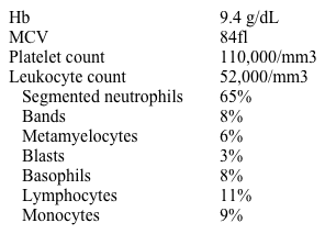 A 54-year old Caucasian man comes to the office complaining of fatigue, poor exercise tolerance, and an unexplained weight loss over the last 6 months.  He does not use tobacco, alcohol, or drugs.  His family history is noncontributory.  He takes no medications.  His vital signs are within normal limits.  Examination reveals mild splenomegaly but no lymphadenopathy.  Laboratory tests show the following:   Cytogenetic testing reveals a bcr/abl translocation.  Which of the following is the best initial treatment option for this patient? A) Alkylating agent B) Bone marrow transplantation C) Leukapheresis D) Tyrosine kinase inhibitor