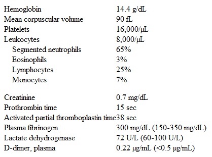 A previously healthy 30-year-old woman is admitted to the hospital.  She complains of a rash over her ankles that started 2 weeks ago and slowly spread up to her knees.  The patient has no other medical problems and takes no regular medications.  Her vital signs are within normal limits.  Physical examination shows fine petechiae and purpura around her ankles and lower legs.  There is no lymphadenopathy or hepatosplenomegaly.  Laboratory results are as follows:   Peripheral blood smear shows thrombocytopenia.  After reviewing the laboratory results, the admitting resident orders 6 units of random donor platelet transfusion.  The following day, the platelet count is 10,000/µL. Which of the following is the most likely cause of the drop in the platelet count? A) Antiplatelet antibodies B) Disseminated intravascular coagulation C) Hypersplenism D) Septicemia E) Thrombotic thrombocytopenic purpura