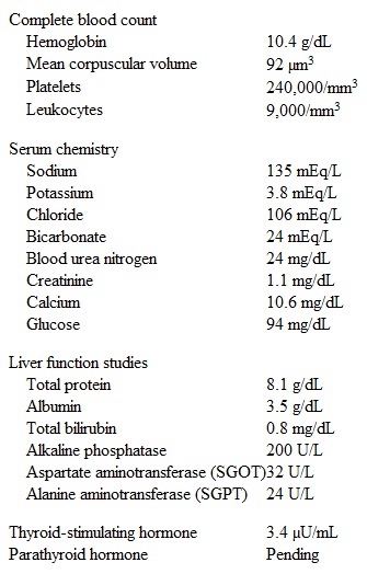 A 67-year-old woman comes to the emergency department due to sudden-onset, severe low back pain that began when she was lifting her grandson.  The pain does not radiate to the lower extremities; she has had no weakness or sensory loss in her legs or urinary incontinence.  The patient has had back pain in the past but not of this severity.  She has a history of hypertension, hyperlipidemia, and hypothyroidism, for which she takes lisinopril, atorvastatin, and levothyroxine.  The patient was also found to have low bone mineral density during a screening test 2 years ago.  She has been feeling more tired lately and has not been able to exercise as recommended but does take daily calcium and vitamin D supplements and weekly alendronate as prescribed.  She also has not consumed dairy products regularly as in the past due to her poor appetite; she has lost about 4.5 kg (10 lb)  over the past several months.  The patient is a lifelong nonsmoker and drinks alcohol occasionally.  Blood pressure is 148/86 mm Hg and pulse is 96/min.  BMI is 21 kg/m<sup>2</sup>.  Physical examination shows tenderness to percussion over the lower thoracic spine.  Bilateral lower extremity muscle strength, sensation, and deep tendon reflexes are normal.  Laboratory results are as follows:   Spine radiography shows a T12 vertebral compression fracture.  In addition to analgesics, which of the following is the most appropriate next step in management of this patient? A) Add teriparatide to the medical regimen B) Change oral alendronate to intravenous ibandronate C) Obtain parathyroid sestamibi scintigraphy D) Perform serum and urine protein electrophoresis E) Test for IgA anti-tissue transglutaminase antibody