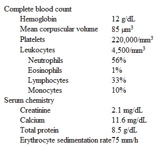 A 70-year-old woman comes to the office due to back pain, fatigue, and inability to carry out her daily work.  The pain began 6 months ago and has slowly intensified.  The patient had a hip fracture 3 months ago but has no other medical conditions.  She is a lifetime nonsmoker and drinks alcohol on social occasions.  She currently takes no medications.  The patient has no extremity weakness or paresthesia.  She has mild constipation; urination is normal.  Initial laboratory results are as follows:   Dipstick urinalysis is normal. The patient is informed about the prognosis, potential risks, and benefits of therapy.  She declines treatment.  The physician documents their discussions and arranges for follow-up visits.  One month later, the patient is brought to the emergency department by family members due to acute-onset blurry vision, headache, confusion, and epistaxis.  A detailed history from the family members fails to identify any precipitating factor.  On examination, the patient is lethargic but arousable.  Scant gingival bleeding is noted.  The lungs are clear to auscultation; there is no peripheral edema.  Serum creatinine is 2.4 mg/dL.  Which of the following is the most likely cause of this patient's acute change in status? A) Acute kidney injury B) Acute liver failure C) Disseminated intravascular coagulation D) Hypercalcemia E) Hyperviscosity syndrome
