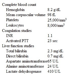 A 45-year-old woman comes to the emergency department due to worsening fatigue.  Today, she was so tired that she became short of breath doing household chores.  She has also had  spots  on her extremities and seems to bruise very easily.  The patient has had no fever, night sweats, cough, chest pain, palpitations, or abdominal pain.  She has no chronic medical problems and has had no recent cold or flu symptoms.  She does not take any medications and does not use tobacco, alcohol, or illicit drugs.  Temperature is 38 C (100.4 F) , blood pressure is 110/60 mm Hg, pulse is 92/min, and respirations are 16/min.  Physical examination shows moist mucous membranes, clear lung fields, and normal heart sounds.  The abdomen is soft and nontender with no hepatosplenomegaly.  Neurologic examination is within normal limits.  The extremities have no edema, but there are scattered petechiae and ecchymoses bilaterally.  Laboratory results are as follows:   Chest x-ray is normal.  A peripheral blood smear is shown in the exhibit.   Which of the following is the goal of the first-line therapy for this patient's current condition? A) Enhancing the release of von Willebrand factor from the endothelium B) Increasing the amount and activity of a plasma metalloprotease C) Removing the trigger for the uncontrolled activation of the coagulation cascade D) Suppressing the production of antibodies against the platelet antigens E) Transfusing platelets to decrease the risk of catastrophic bleeding
