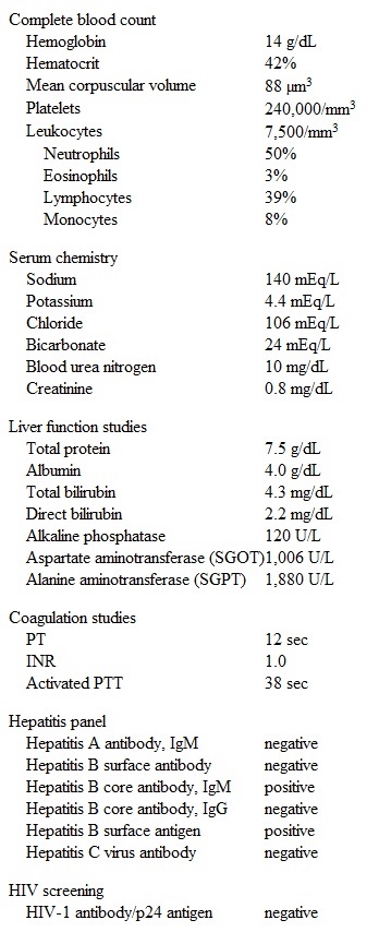 A 34-year-old woman comes to the office due to malaise and jaundice.  The patient was in good health until about 4 weeks ago, when she developed joint pain, fatigue, and a pruritic rash over her trunk and extremities.  The joint pain and rash resolved about a week ago, but the fatigue has persisted.  Two days ago, the patient noticed some yellowish discoloration of the whites of her eyes and began to experience decreased appetite.  However, she has been able to eat and drink without difficulty.  Medical history includes irritable bowel syndrome and allergic rhinitis.  Medications include docusate and intranasal fluticasone.  She does not use any other over-the-counter medications.  Immunization history is unknown.  She is sexually active with 2 male partners and uses condoms inconsistently.  The patient drinks on social occasions and does not use tobacco or illicit drugs.  Temperature is 36.7 C (98 F) , blood pressure is 110/64 mm Hg, and pulse is 68/min.  BMI is 25 kg/m<sup>2</sup>.  Physical examination is notable for moist mucous membranes, scleral icterus, and normal jugular venous pressure.  Heart and lung sounds are normal.  Abdominal examination reveals a palpable liver edge approximately 2 cm below the costal margin without tenderness.  Bowel sounds are normoactive.  The extremities are warm and without edema.  The joints are nontender and without erythema.  Neurologic examination is normal with no asterixis.  The remainder of the physical examination is unremarkable.  Laboratory results are as follows:   Shortly after the initial visit, the patient's hepatitis B viral DNA level is found to be 300,000 IU/mL.  She has returned to the clinic multiple times over the past several weeks since her initial illness.  Today's visit is 6 weeks after her initial presentation.  The patient's anorexia, fatigue, and jaundice have resolved.  Laboratory results are as follows:   What is the most appropriate means of treating this patient's condition? A) Administer hepatitis B vaccine and immunoglobulin B) Initiate treatment with antiviral agents C) Order viral genotype D) Perform liver biopsy E) Repeat laboratory testing in 3 months